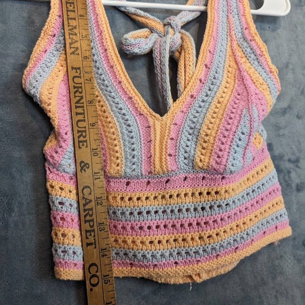 Hollister Crochet Knit Crop Top Pastel Stripe Tie Back Halter Boho Womens Small - Picture 5 of 10